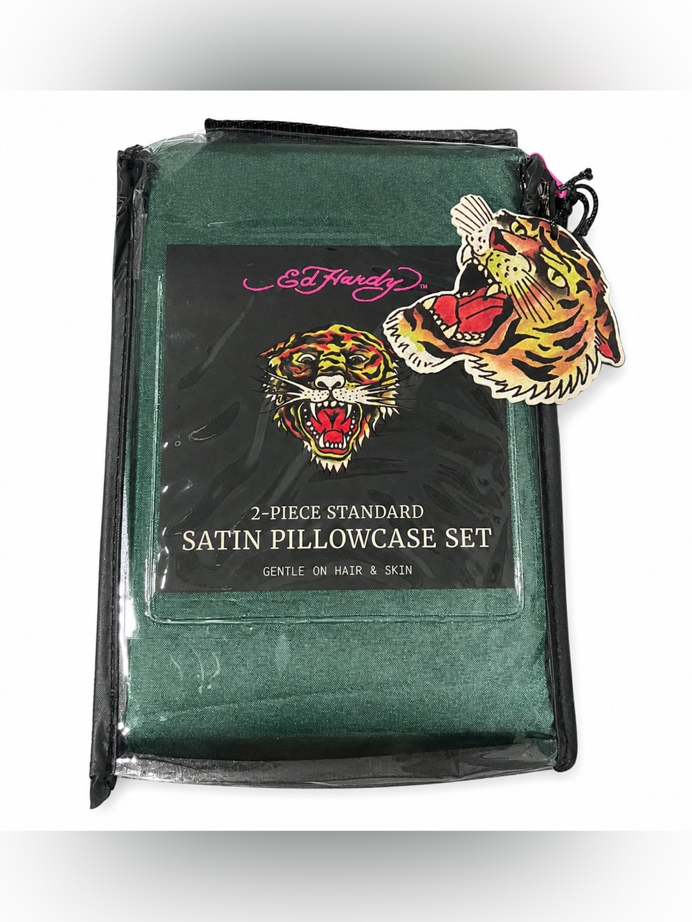 Ed Hardy 2 Piece Satin Pillowcase Set Standard Green Tattoo Tiger NWT